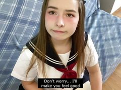 Cutie in Japanese school uniform touches your cock and gets embarrassed